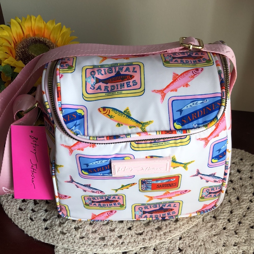 Betsey Johnson White Crossbody Lunch Tote with Multicolor Sardine Print - Picture 11 of 11